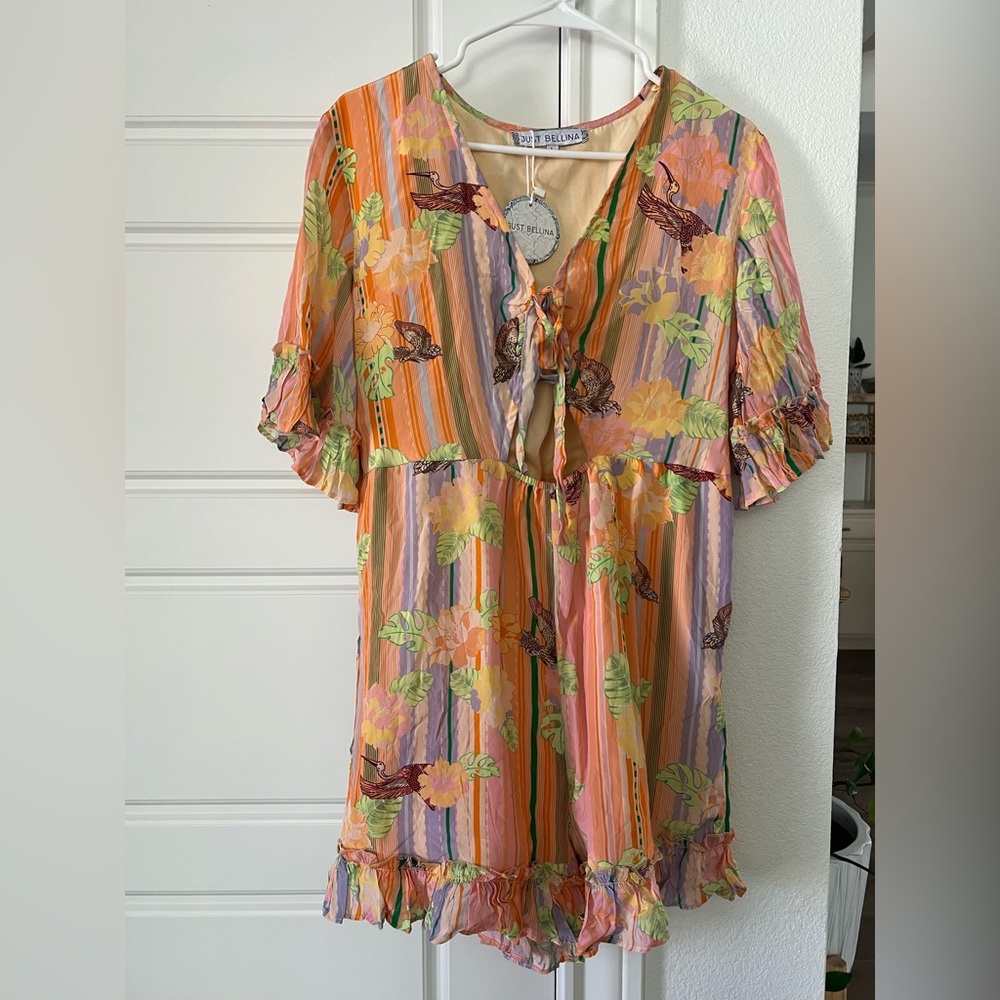 Just Bellina Women's Romper in Orange Pink with Flowers Birds NWT size large L